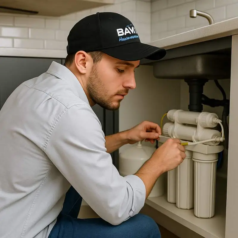 Tecnico de Bawi instalando un filtro de osmosis inversa en la cocina