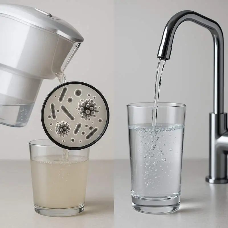 vaso con agua sucia por filtro comun comparado con vaso de agua cristalina y purificada  rellenado con filtro de osmosis inversa